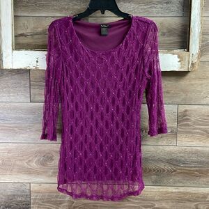 Nue Options Lace 3/4 Sleeve Blouse Top, Ladies Size Medium, Purple Plum